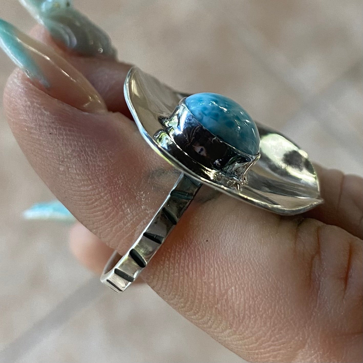 Large Sterling Silver Lily Pad Larimar Ring
