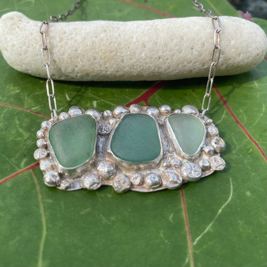 Mermaid Treasure Sea Glass Necklace, Three Shades of Green